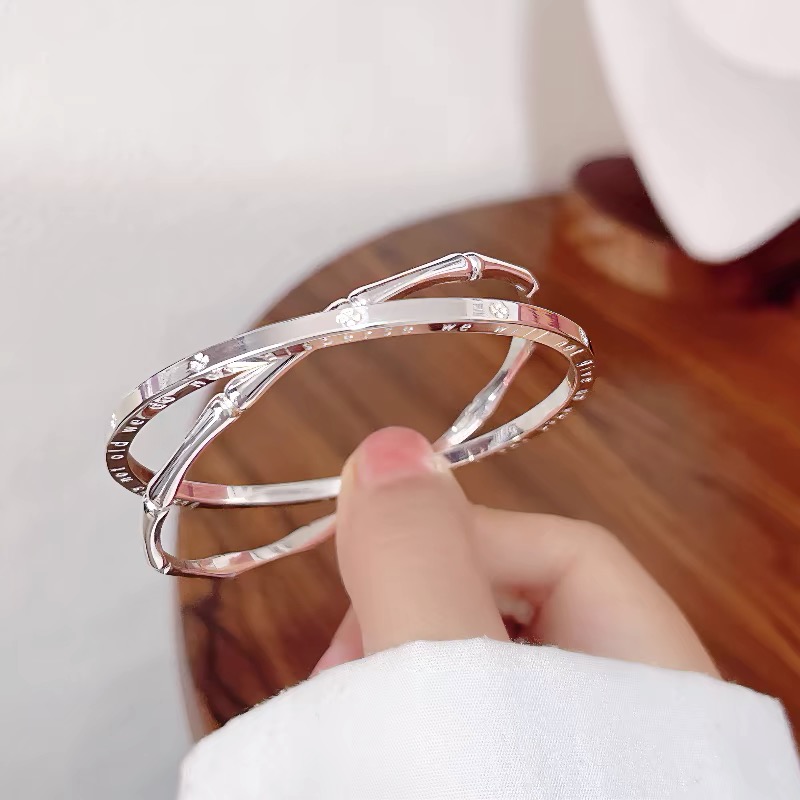 足银手镯 8号竹节双环手镯四叶草叠戴闭口手环女时尚简约ins风