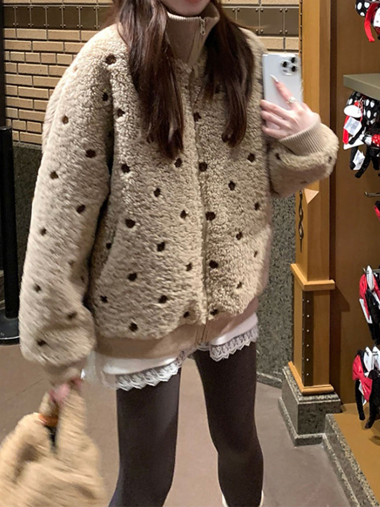 超好看独特漂亮韩系毛茸茸羊羔毛厚外套女秋冬短款小个子宽松上衣