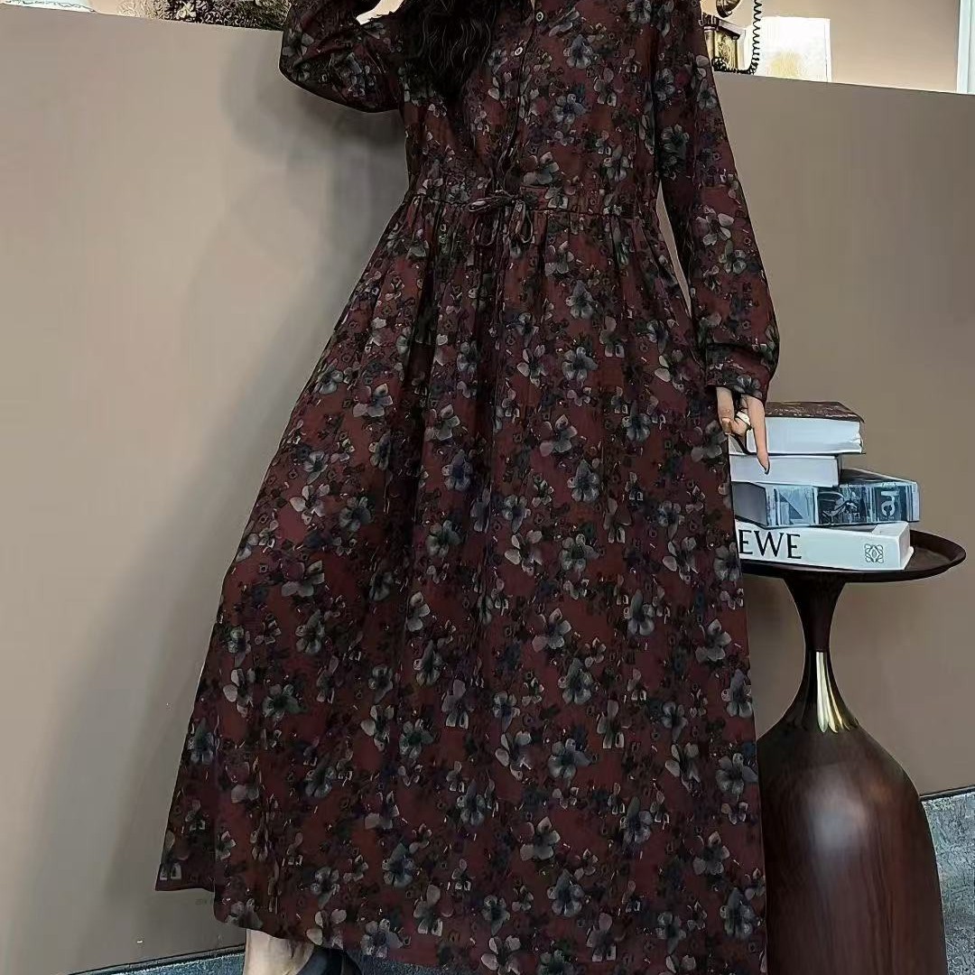 民族风文艺棉麻加绒连衣裙女收腰碎花长裙加厚复古a字大摆裙女士