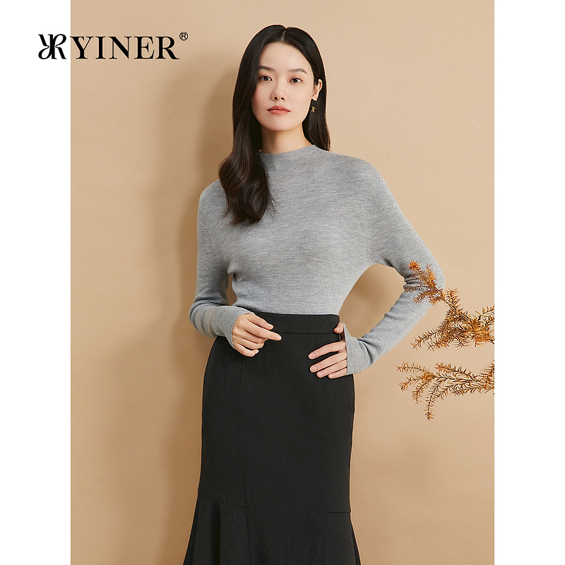 YINER音儿2024冬季新款格雷系高支羊毛混纺半高领打底针织衫
