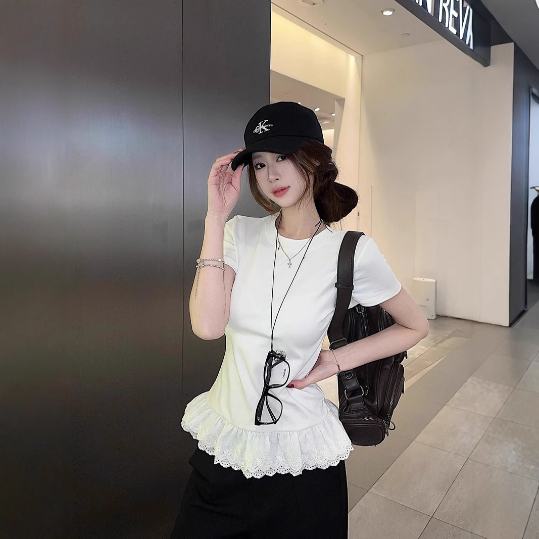 温柔甜妹风设计感蕾丝拼接短袖T恤女2025夏季修身显瘦学生上衣潮