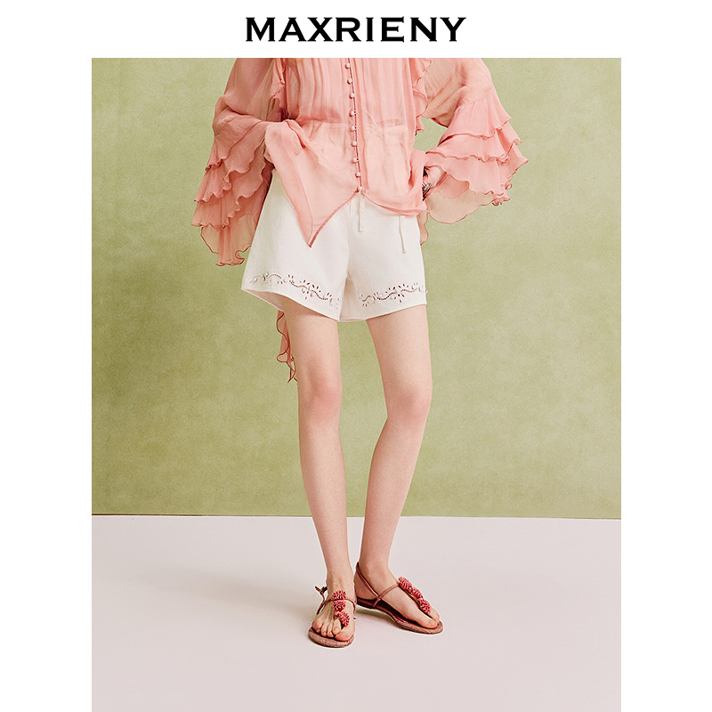【商场同款】MAXRIENY精致度假风水洗牛仔高腰阔腿短裤女2025夏款
