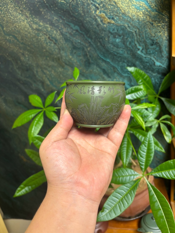 宜兴原矿苹果绿泥手工刻绘竹影清风竹子紫砂主人杯缸杯茶具150c