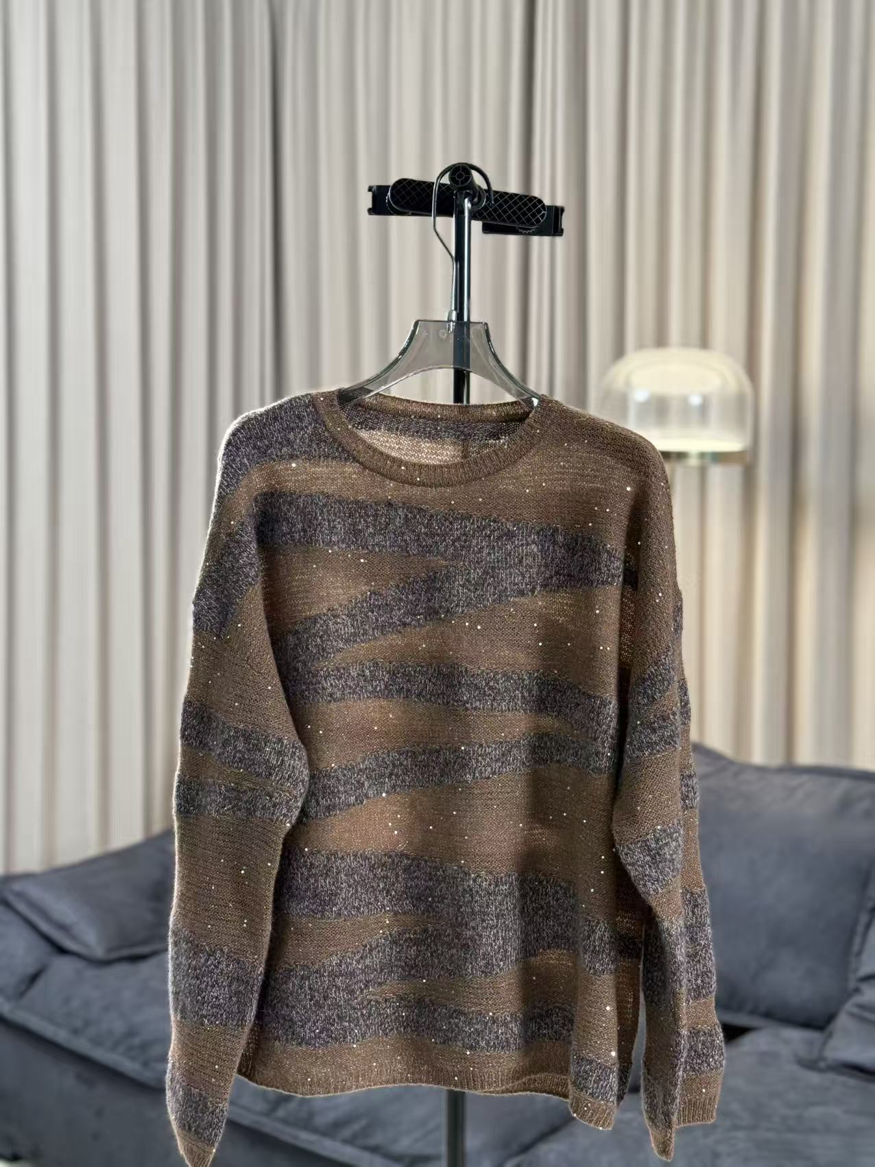 【柳青女装】2025秋季新款亮片花纱撞色圆领落肩套头毛衫