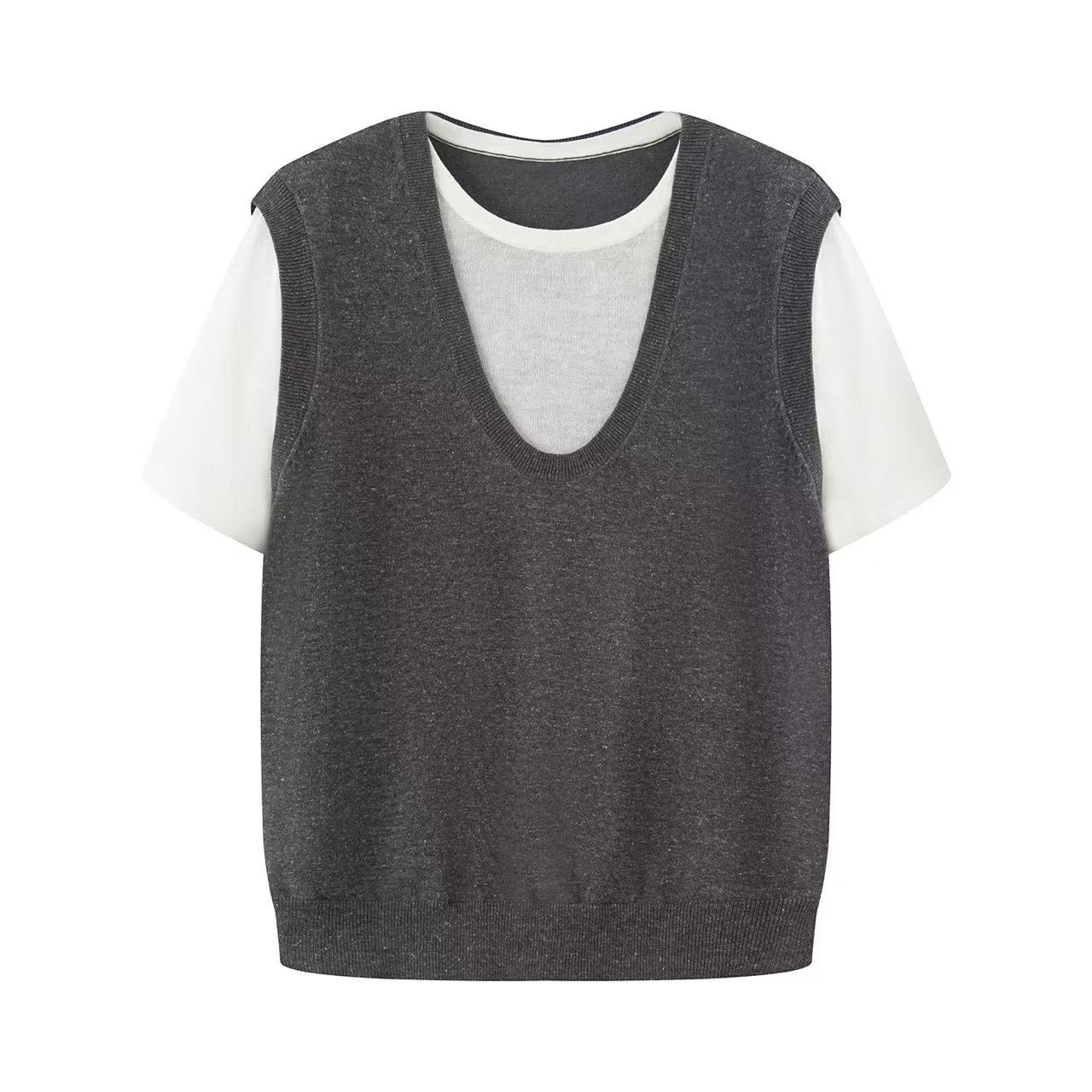 【艾家】上衣商场同款秋新款时尚休闲百搭假两件针织T恤短袖3177