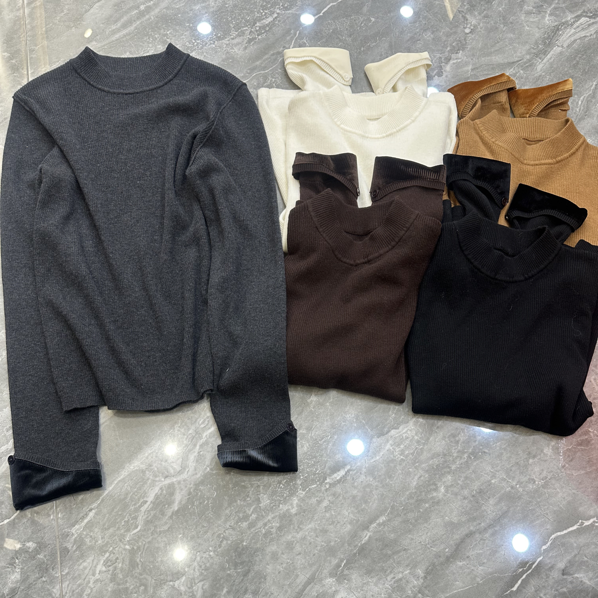 〔丝绒拼接翻边袖〕〔不可机洗〕韩系翻边袖超细羊毛圆领针织打底