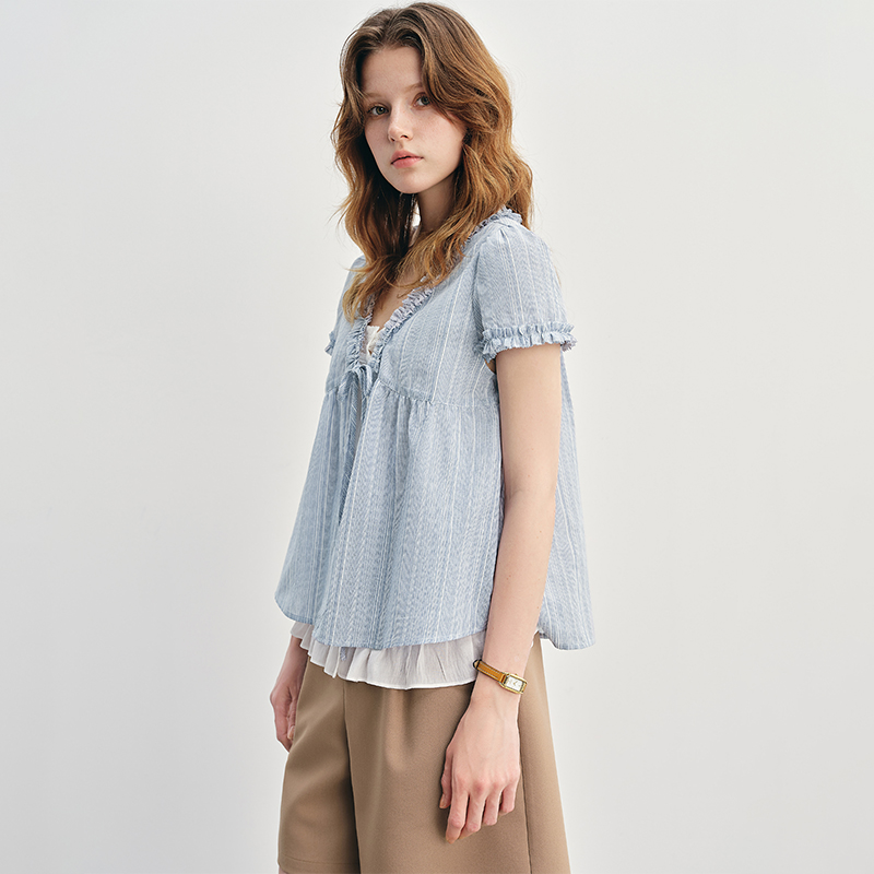 大码女装木耳边假两件衬衫新款胖mm超好看上衣小衫25DS88015