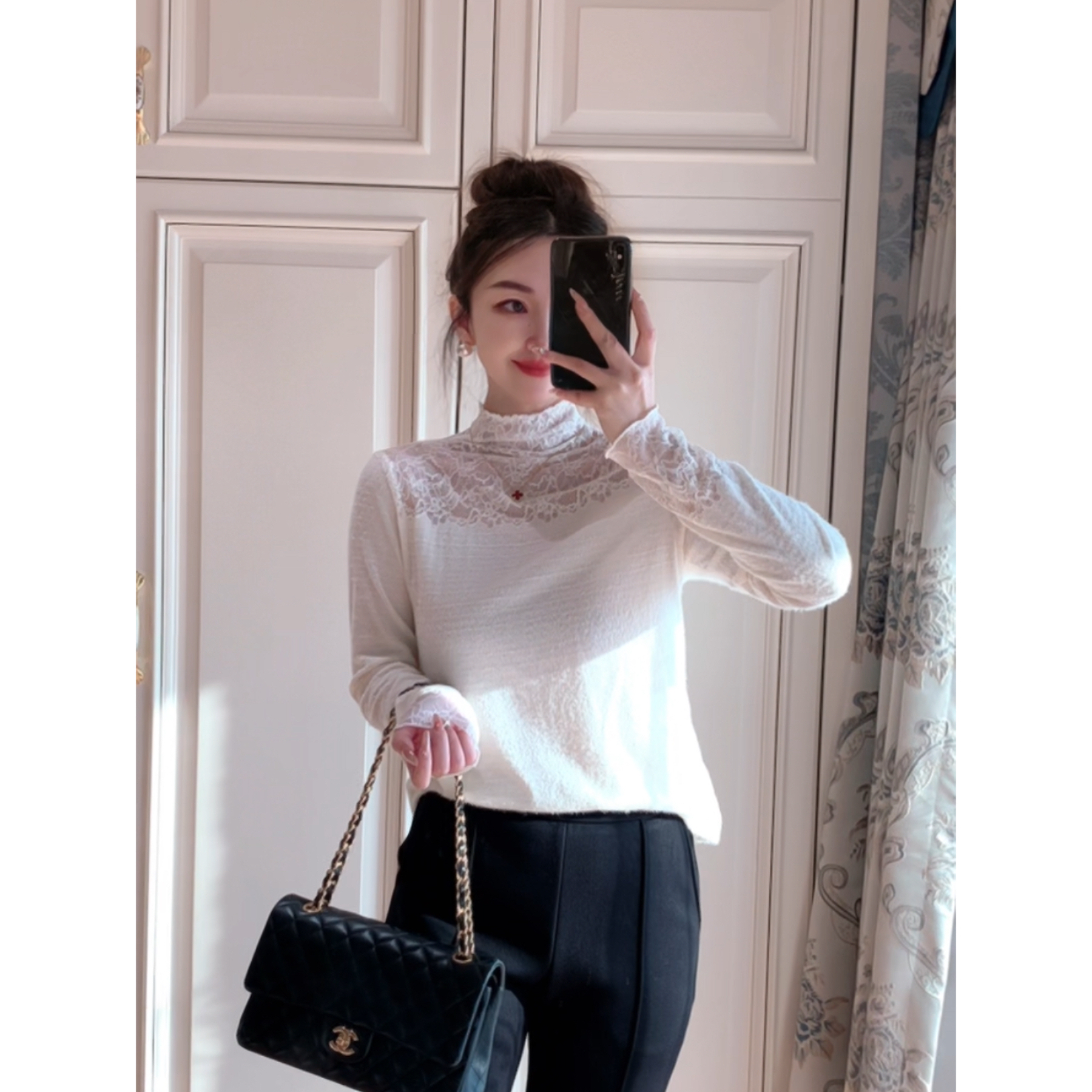 【ZHUJIE】气质半高领蕾丝拼接显瘦百搭打底衫