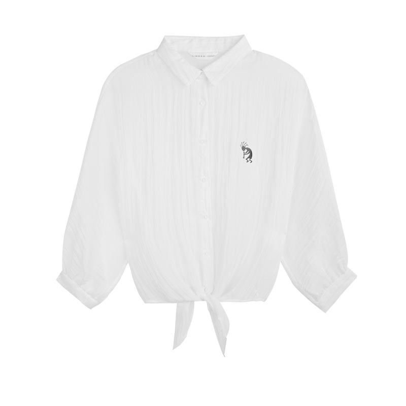 圣迪奥时尚翻领肌理春夏休闲通勤印花白色系带女装衬衫S21280501