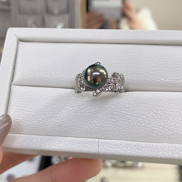 海水珍珠戒圈银S925镶嵌麦穗大溪地黑珍珠