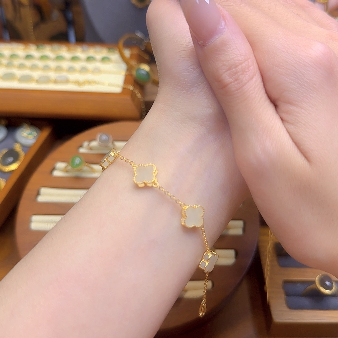 和田玉手链银S925镀金镶嵌