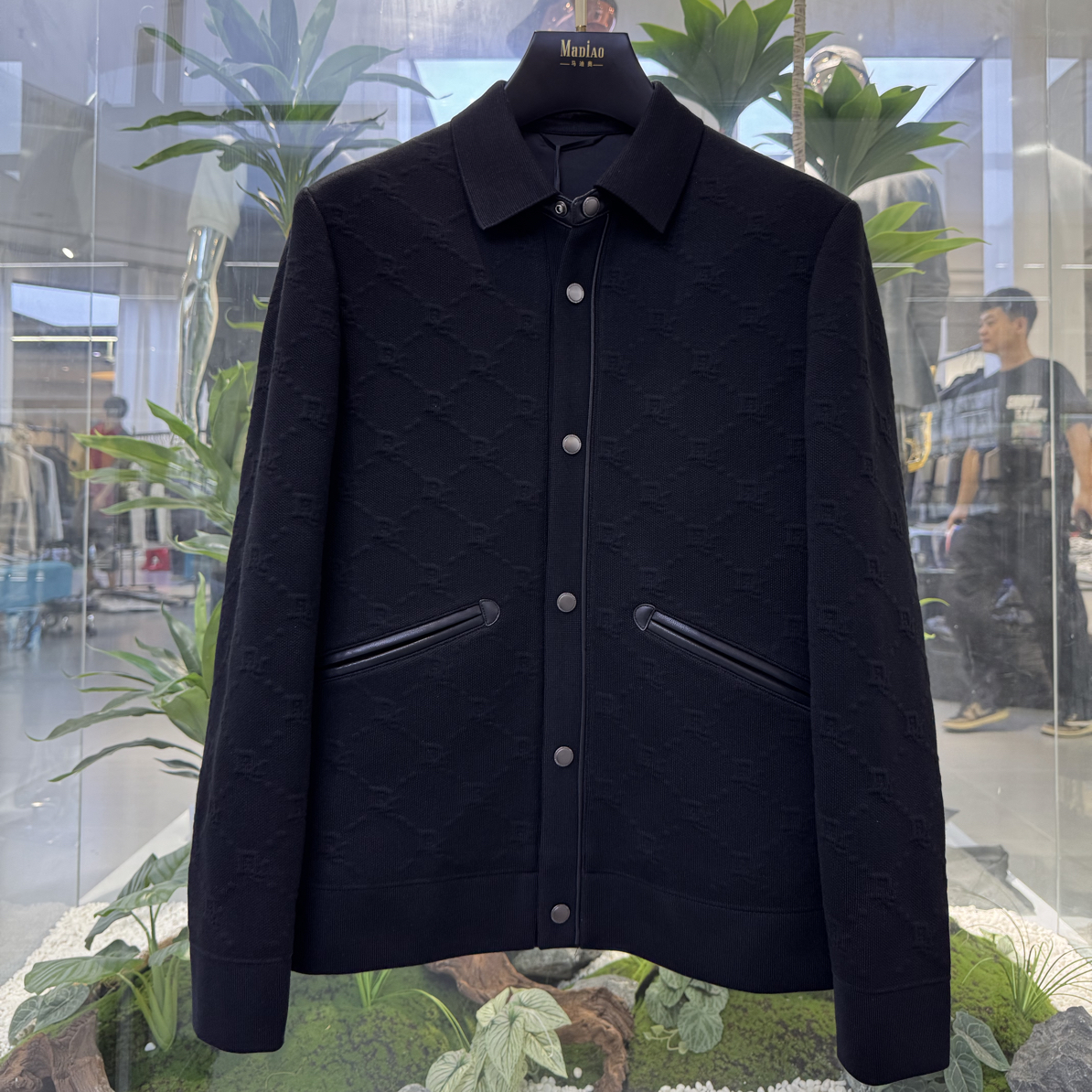 赫兰欧 2025设计师款提花男士夹克 翻领直下摆拼皮针织男外套