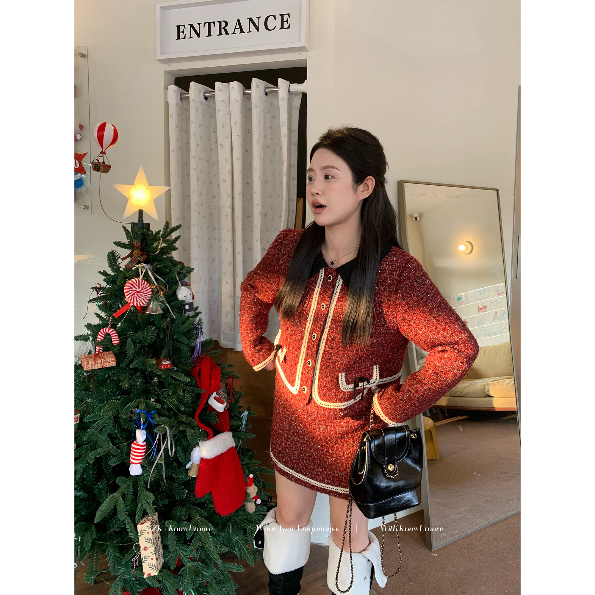 知葵微胖定制【佩蒂丝】冬季新年小香风千金感红色套装12244TZ5270