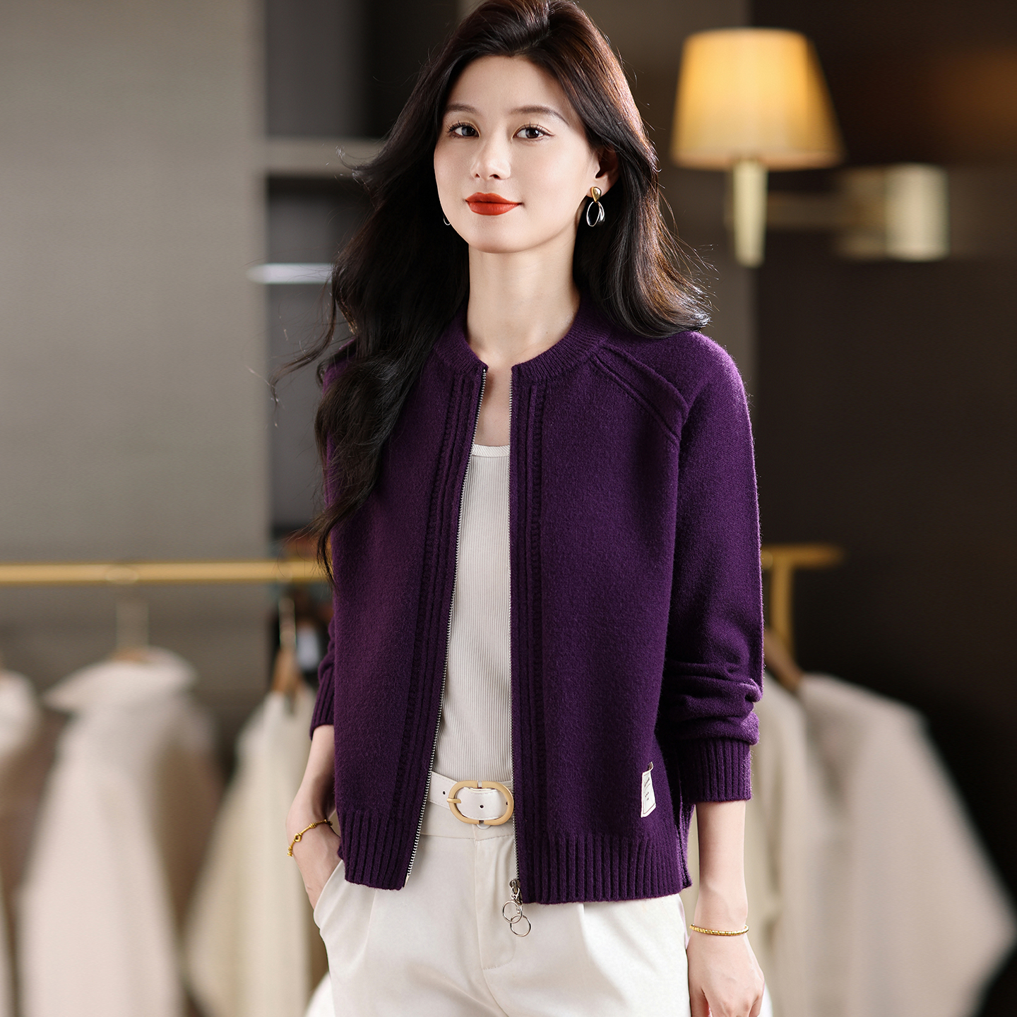 紫色长袖拉链针织衫外套女秋季2025新款女装休闲短款上衣毛衣开衫
