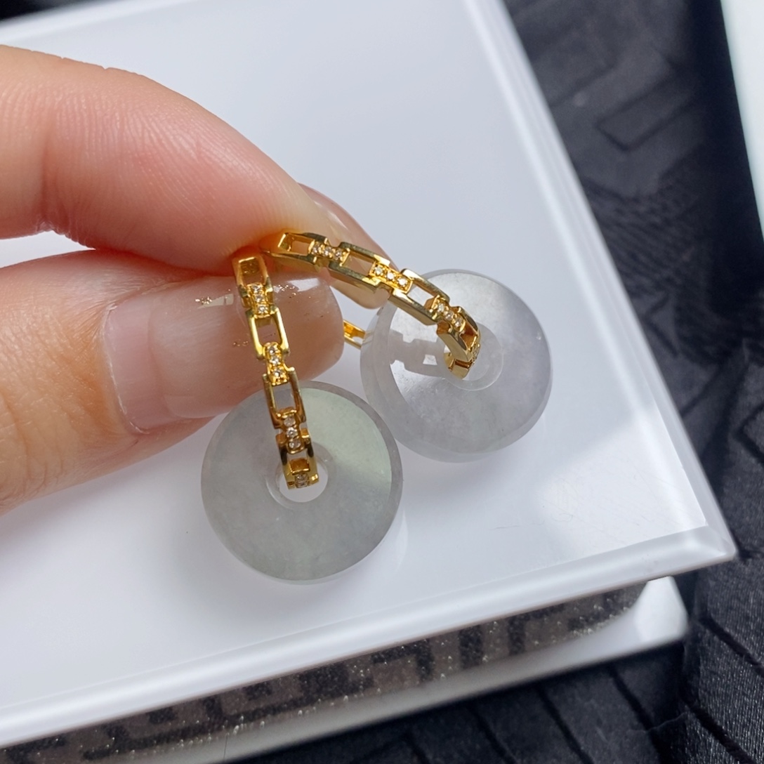 翡翠18K金镶嵌耳饰黑冰路路通➕链条耳包