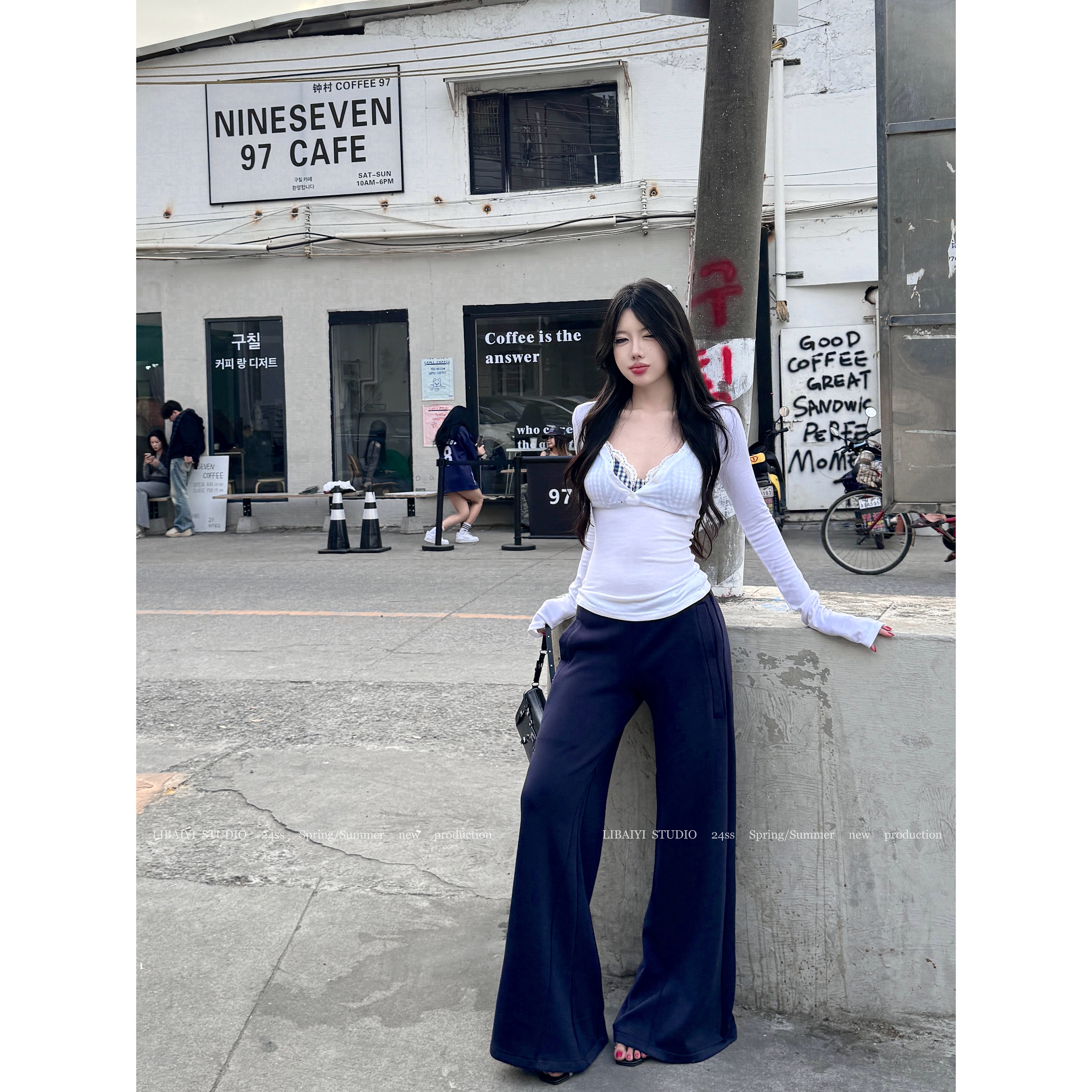 LIBAIYI 低腰天菜/巨显高显腿长低腰微喇阔腿裤1420