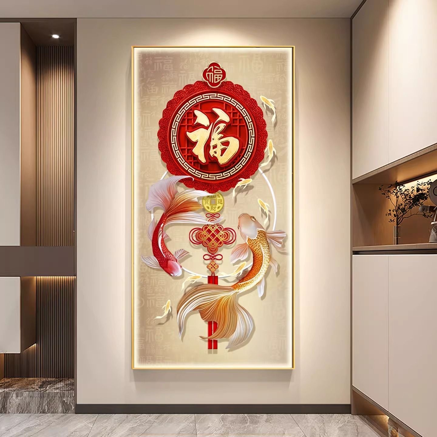无品牌九鱼图锦鲤聚福玄关装饰画入户正对门带灯寓意好福字壁画