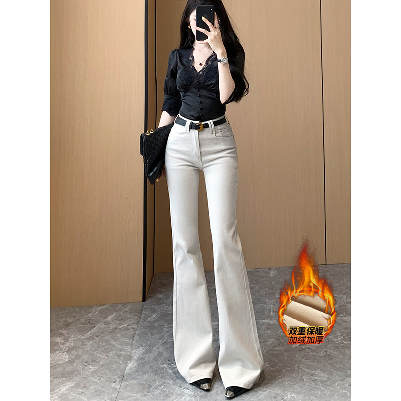 老钱灰净版加绒微喇牛仔裤女2025冬季新款高腰显瘦弹力气质长裤