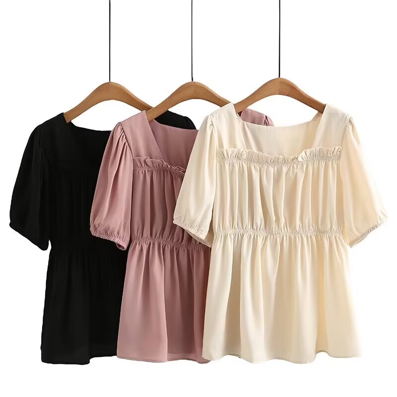 方领设计感春季碎花泡泡袖衬衫夏季显瘦气质短袖宽松