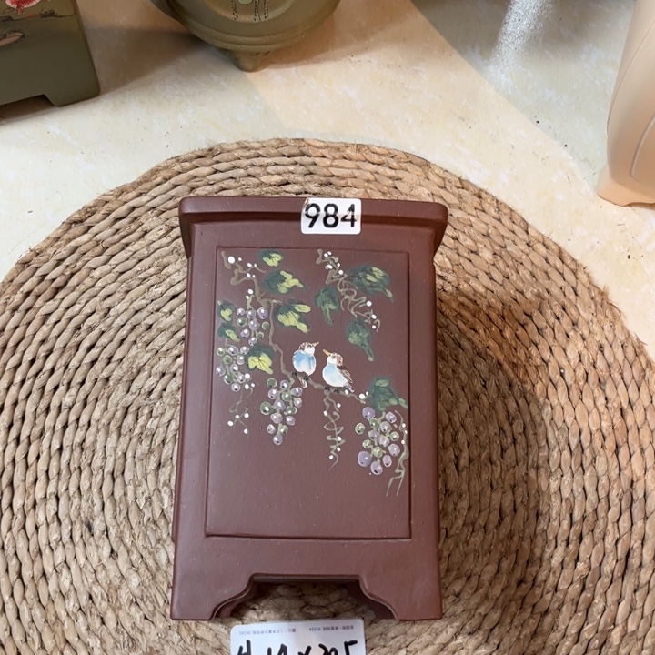 紫砂花盆 紫泥奎面葡萄彩绘签筒984