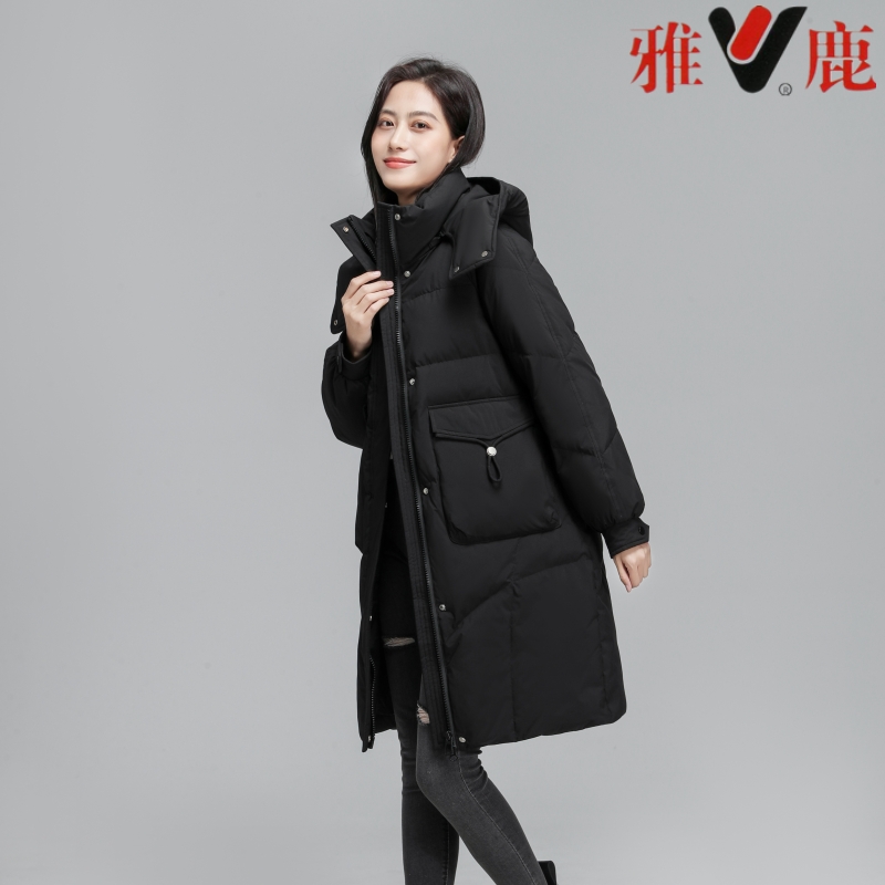 V/雅鹿XT501X21550新款中长款帽子可拆90%白鸭绒羽绒服宽松