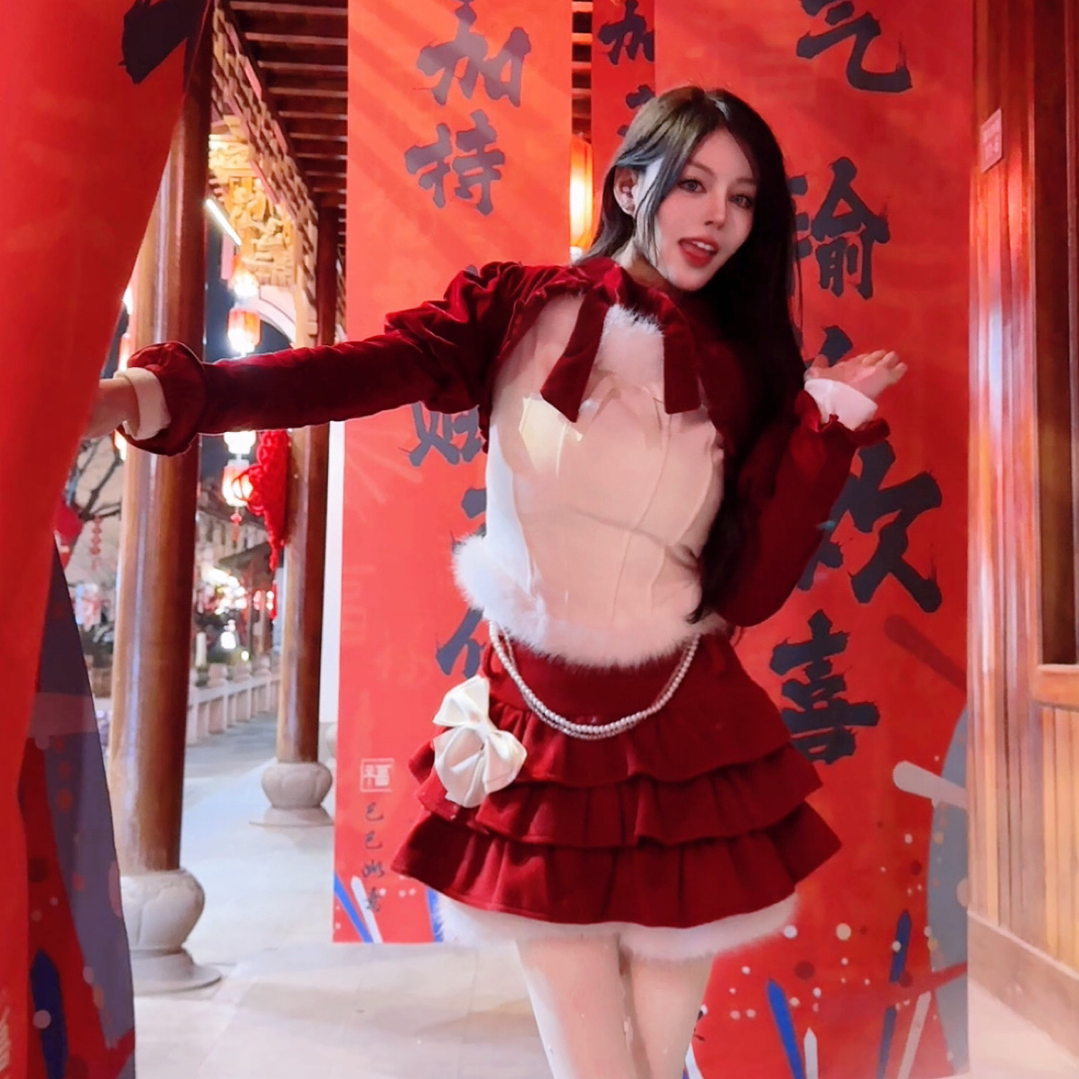 芭比依 时光汉韵～复古红垫肩短外套蝴蝶结坎肩灯笼袖红色外搭