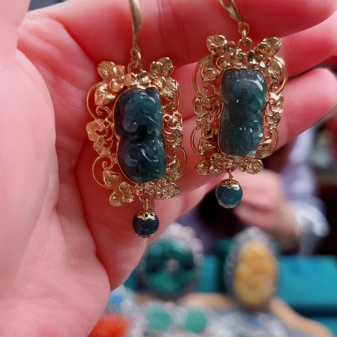 翡翠银S925镶嵌耳饰国风