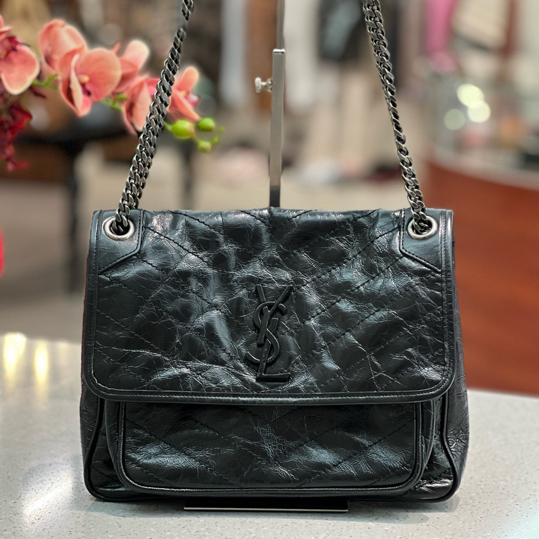 95新 YSL/圣罗兰 黑银Niki亮面油蜡牛皮中号