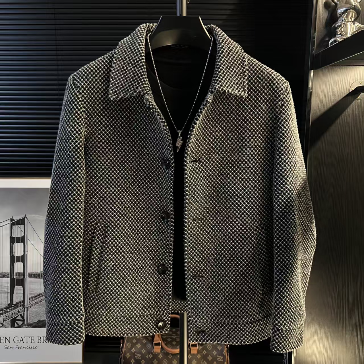 SS-轻奢毛呢外套男短款翻领格子男士夹克韩版潮流男装