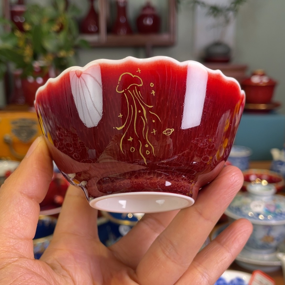 清欢雅玩原矿郎红描金花口杯