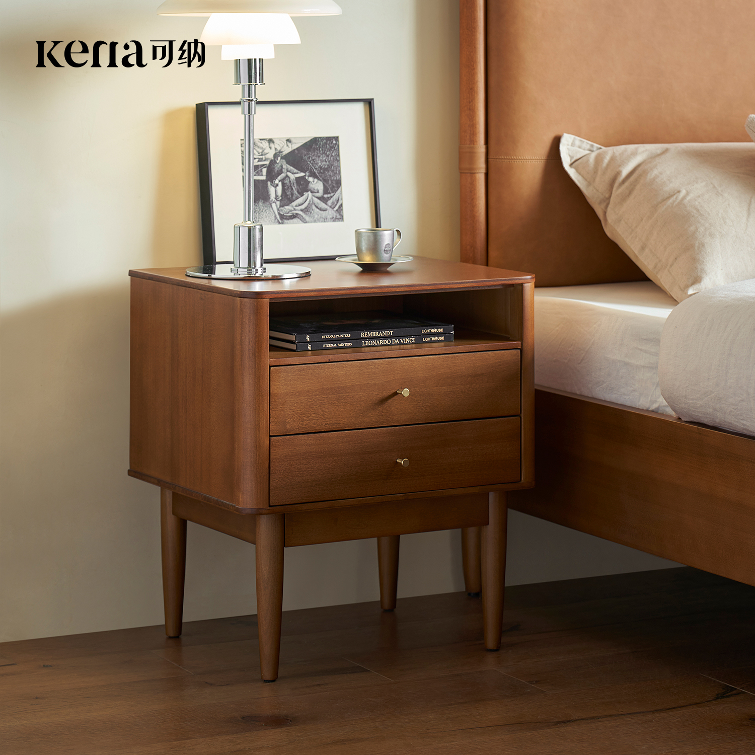 Kena可纳/亚瑟实木床头柜复古家用卧室两抽储物收纳柜简约床边柜P
