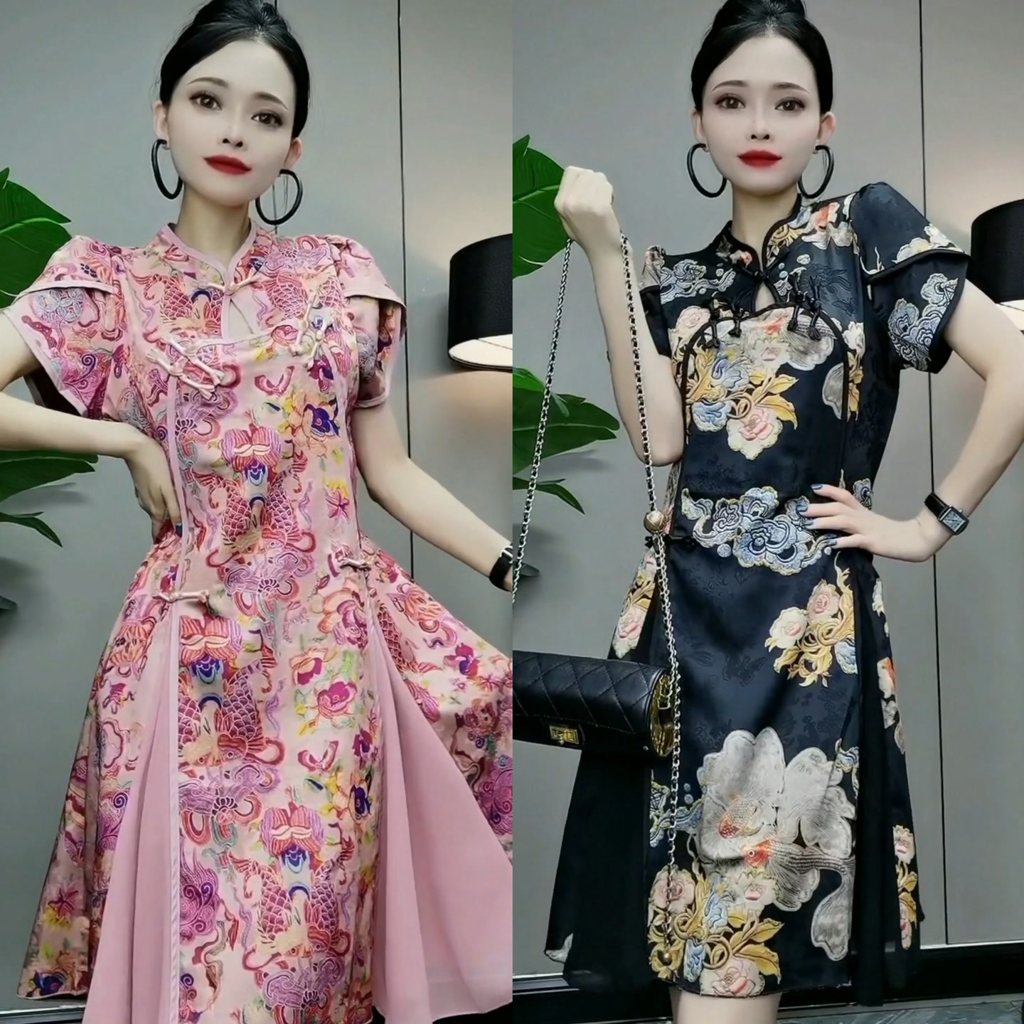 505#WrM时尚2025夏季新中式国风短袖盘扣拼接显瘦中长款连衣裙