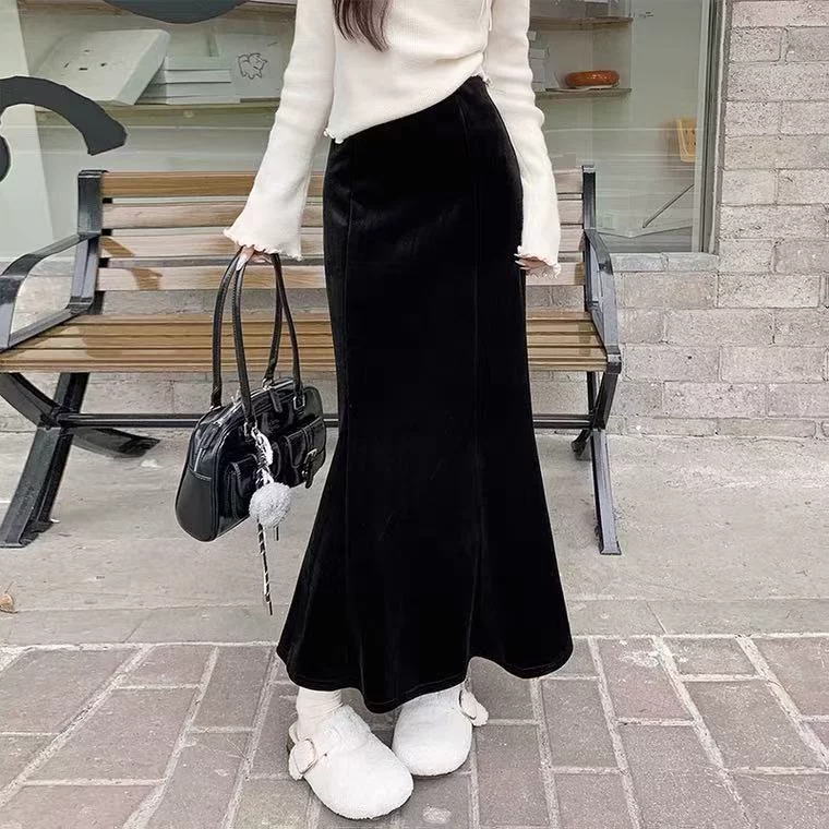 【胖妞妞优选】PLY-法式气质绒面鱼尾裙5110