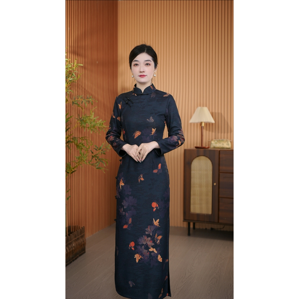 【墨蝶】全开襟衣长130冬季新款古法长款加绒高档旗袍