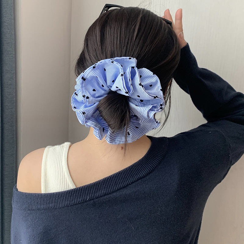 蓝色条纹大肠发圈~4层！ins风韩系爱心波点发绳低丸子头马尾头绳