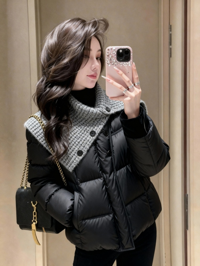 巨好看2026冬季针织领黑色棉袄外套女新款今年流行爆款保暖棉服