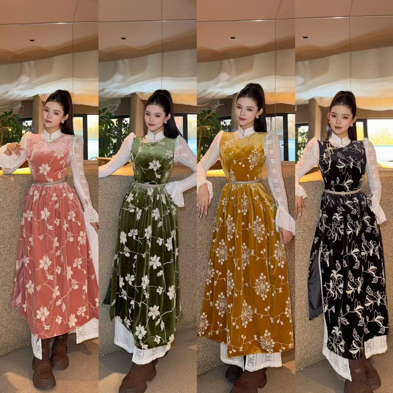 【大树蒙古袍裙子】DS135暖冬花簇民族风四色金丝绒马甲长裙