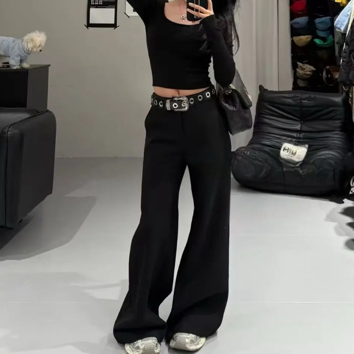 【FF】冬季新款加绒直筒阔腿中高腰女裤送腰带