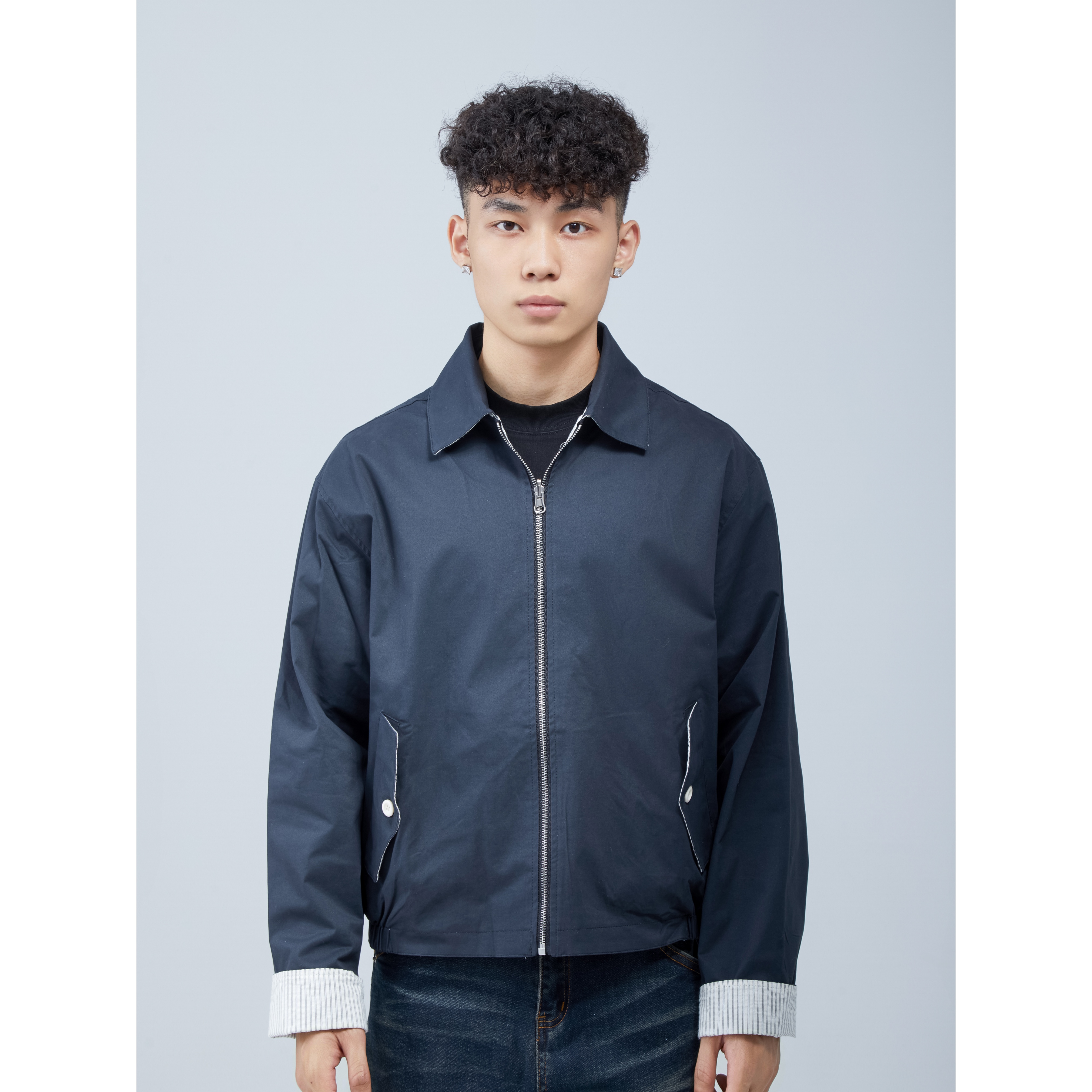 【怪兽实验室】春秋新款休闲复古拉链两面穿翻领藏青夹克短款外套