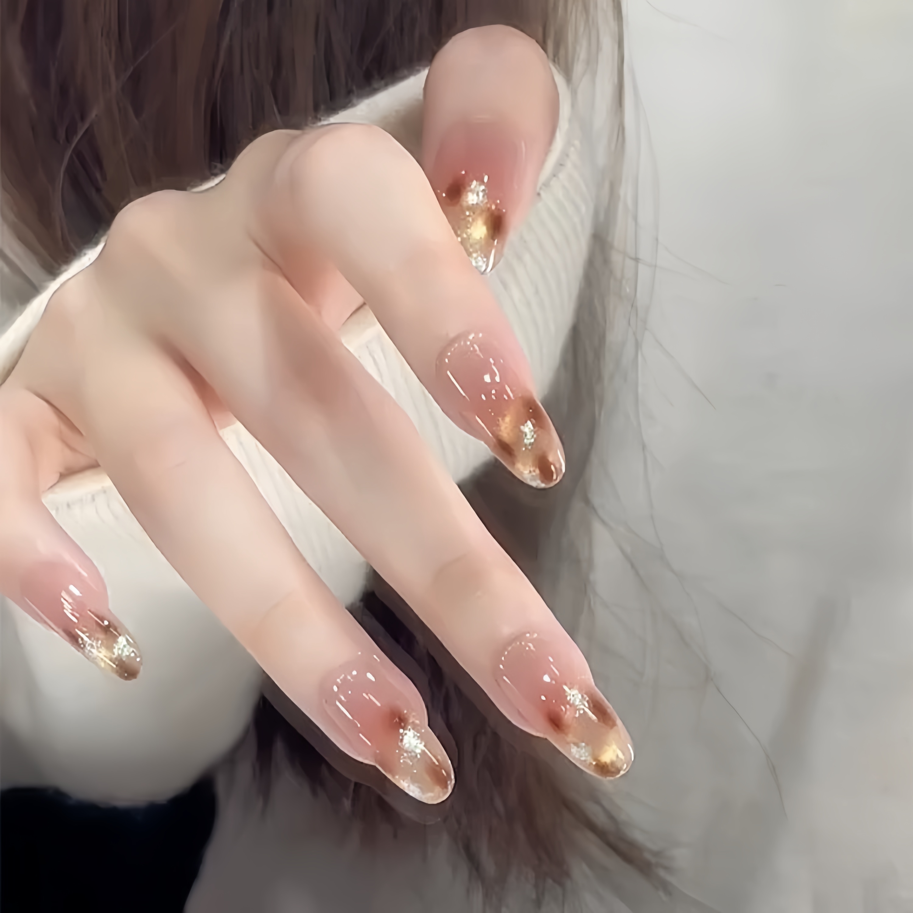 【鎏金琥珀】秋冬晕染琥珀猫眼显白美甲穿戴甲手工日常中长款可拆卸
