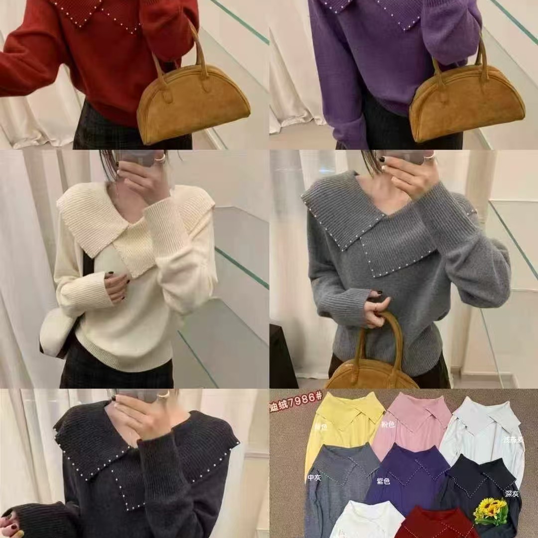 秋冬复古重工钉珠大翻领针织开衫女宽松百搭保暖上衣