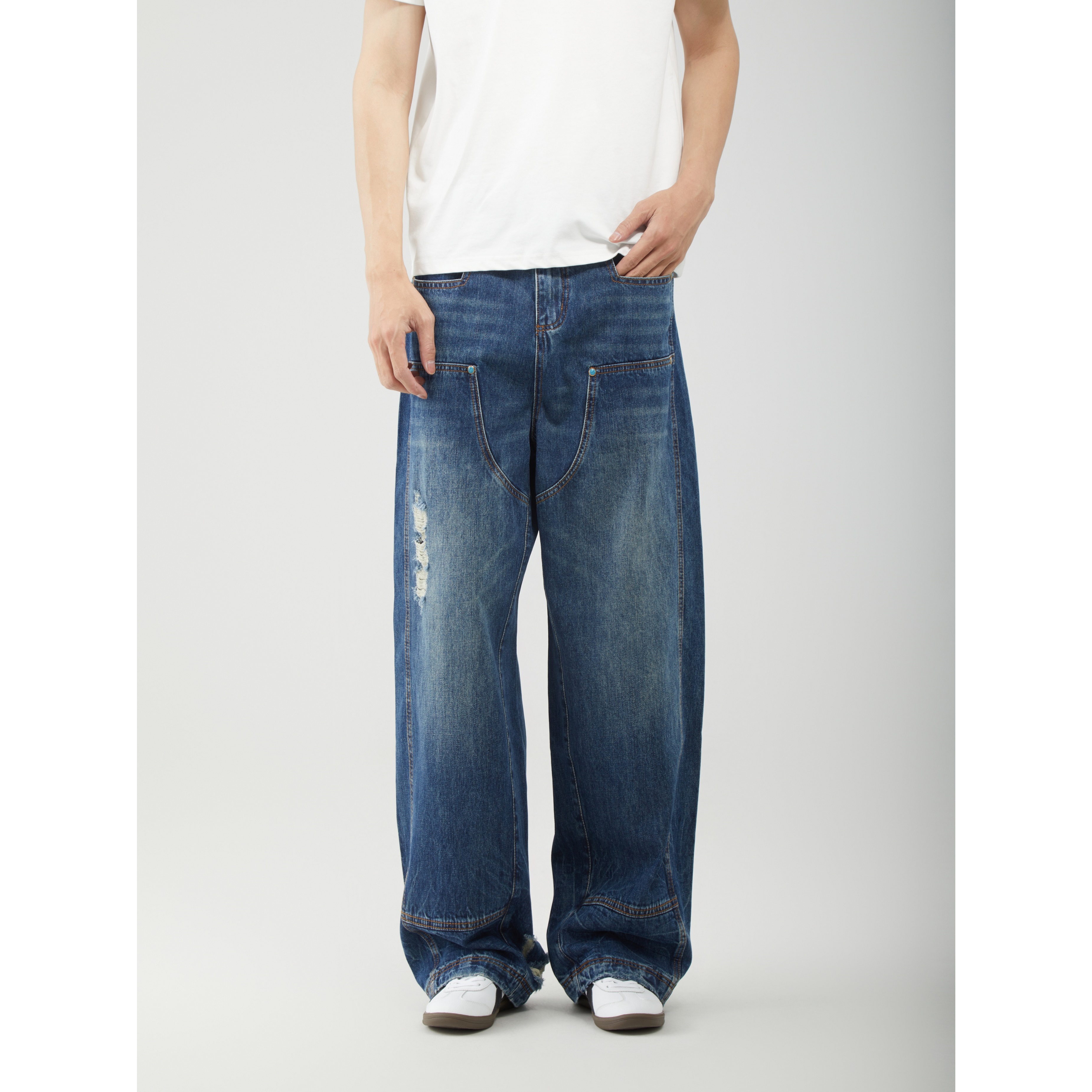 怪兽实验室设计感复古阔腿绿松石磨破水洗铆钉休闲百搭宽松牛仔裤