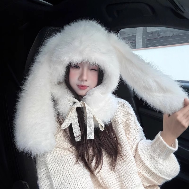 热巴同款长耳兔子雷锋帽子女可爱兔毛加绒绑带冷帽高级感保暖帽子