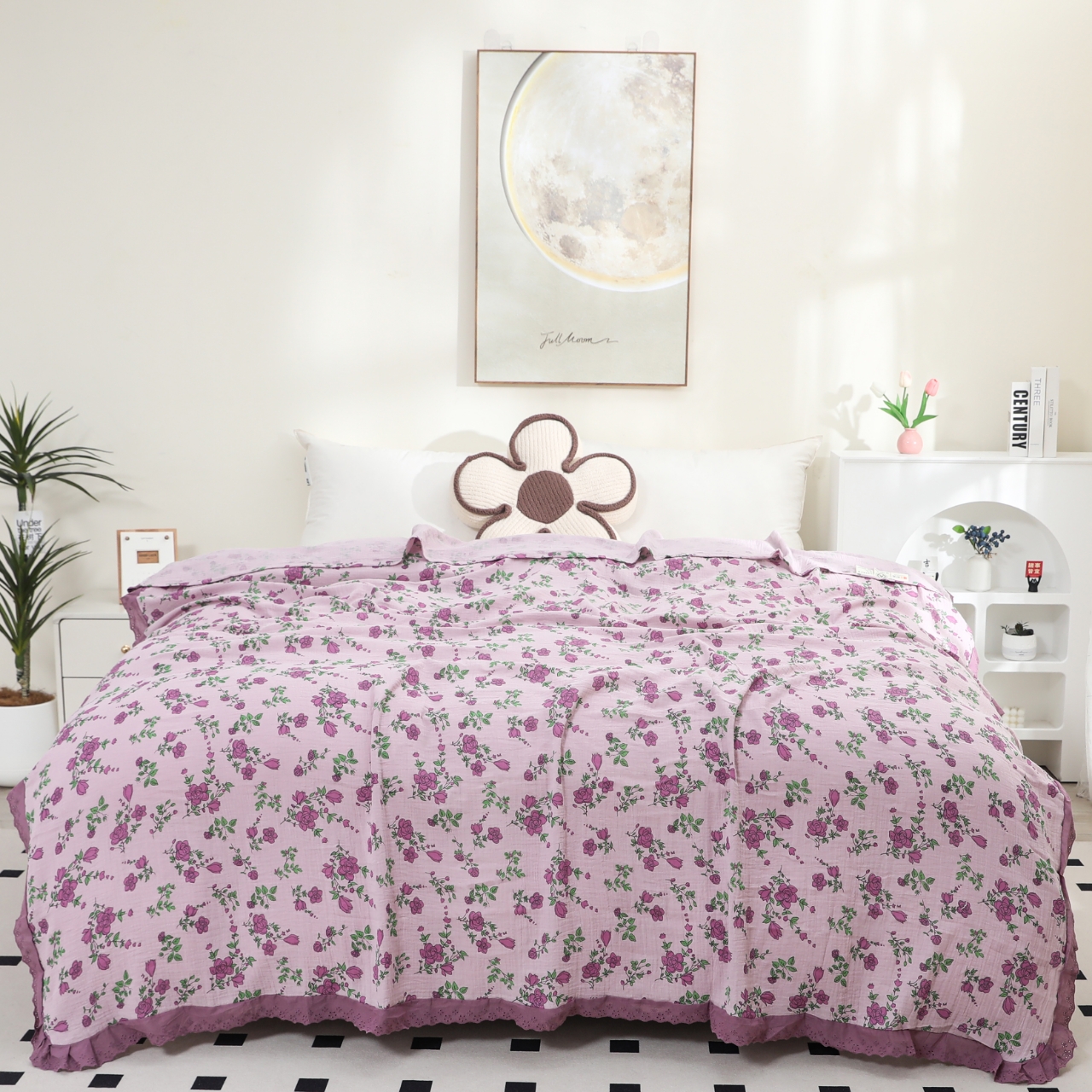 【微瑕】紫苏-亮紫色纯棉公主花边床单2*2.3米