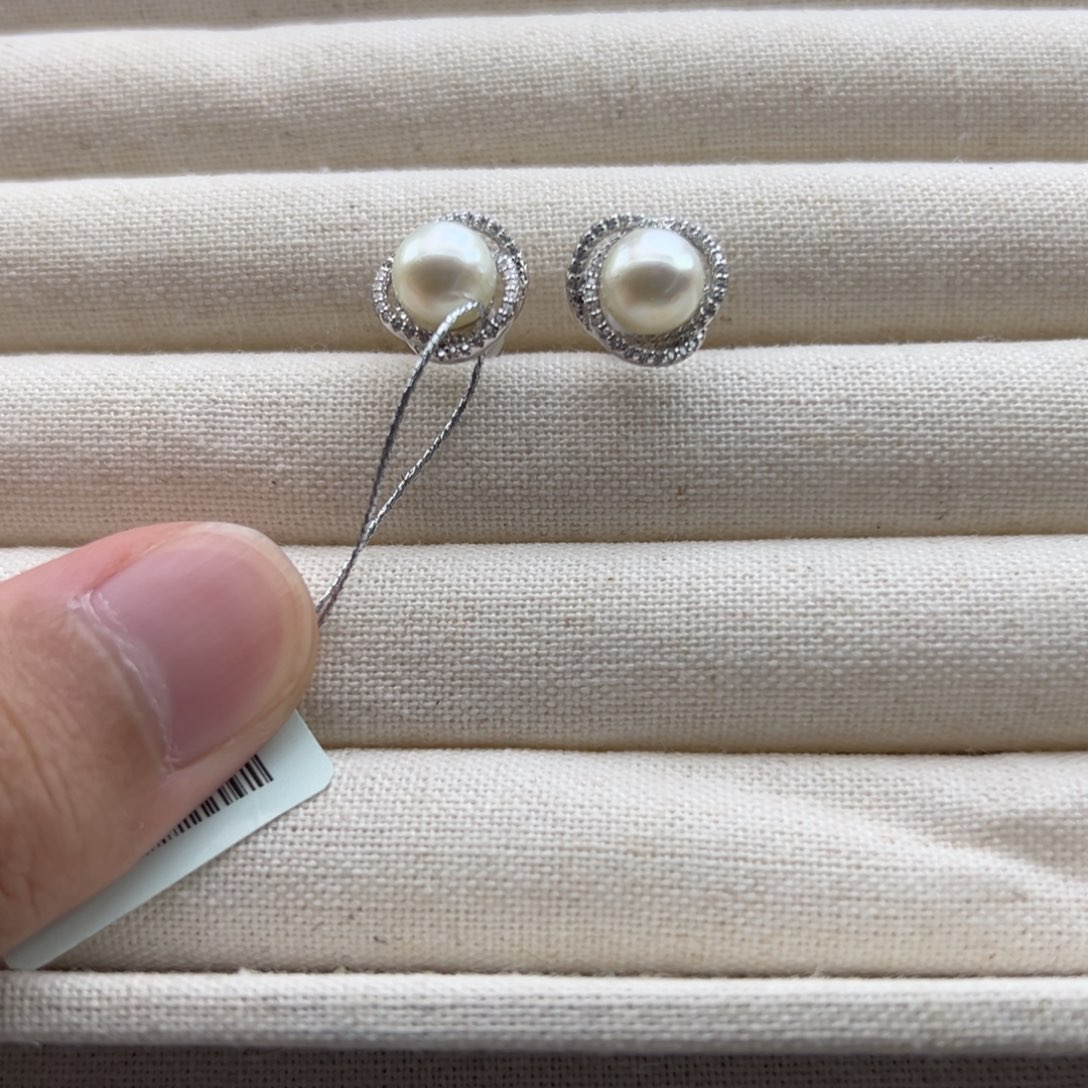 银S925镶嵌耳饰海水珍珠7-8mm海水Ak鸟巢耳钉