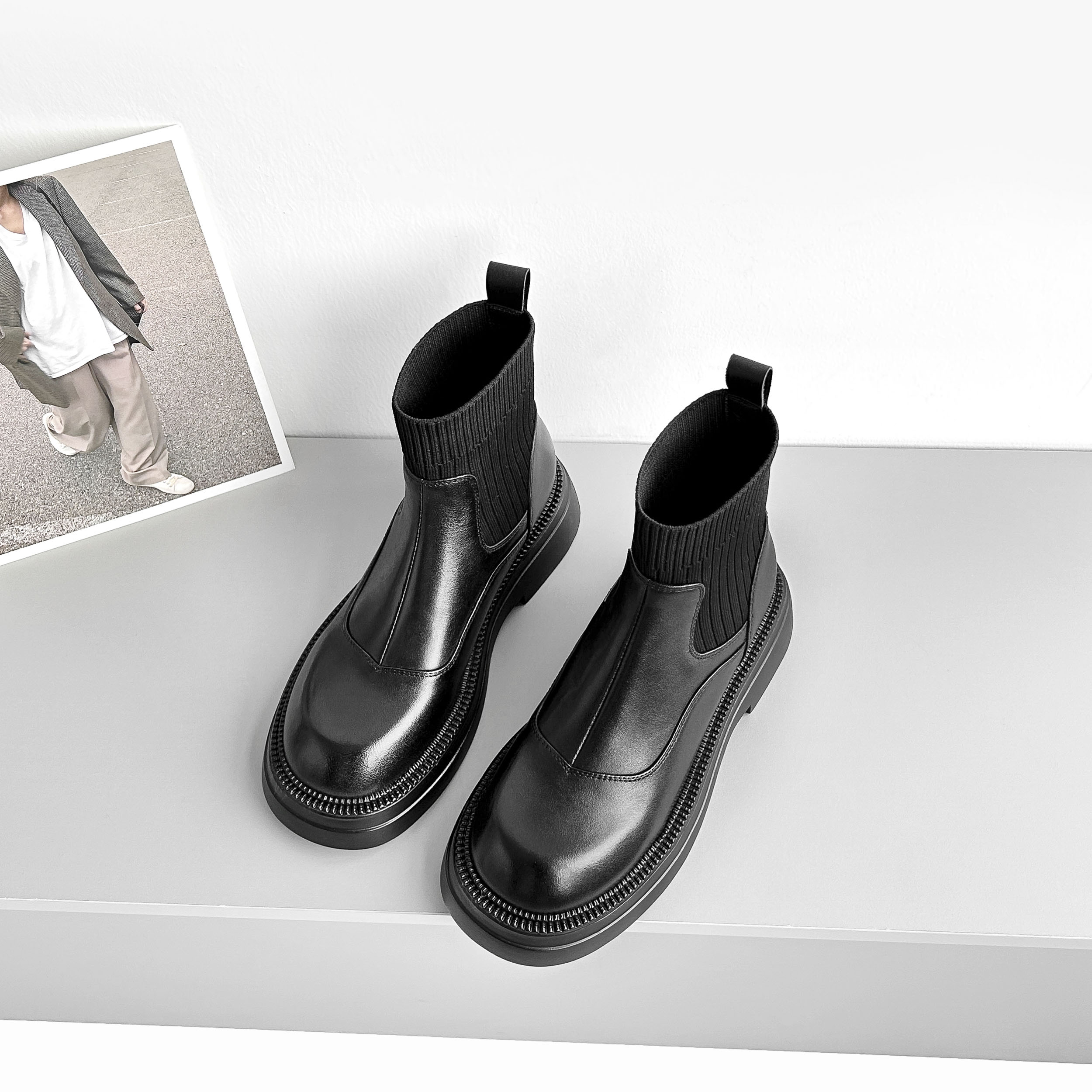 4cm/FA1595牛皮厚底短筒袜靴女秋冬新款加绒粗跟中跟显瘦弹力短靴