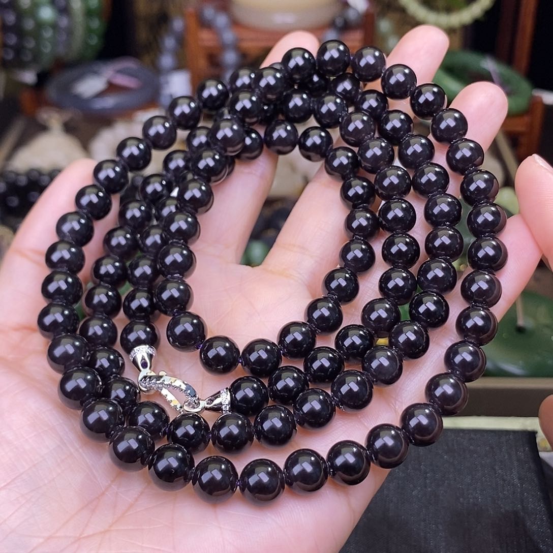 和田玉未镶嵌浓烟紫帝王紫天花板收藏货头珠串约8MM