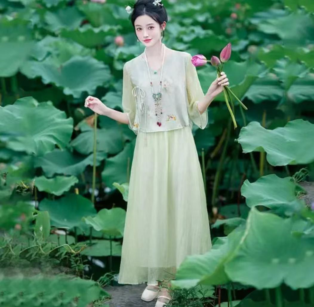 荷塘月色新中式改良汉服中式女装唐装盘扣斜襟国风上衣套装2025