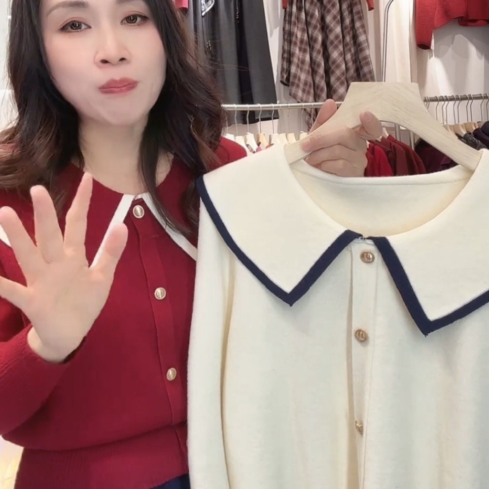 针织上衣，娃娃领，小香风长袖时尚减龄宽松