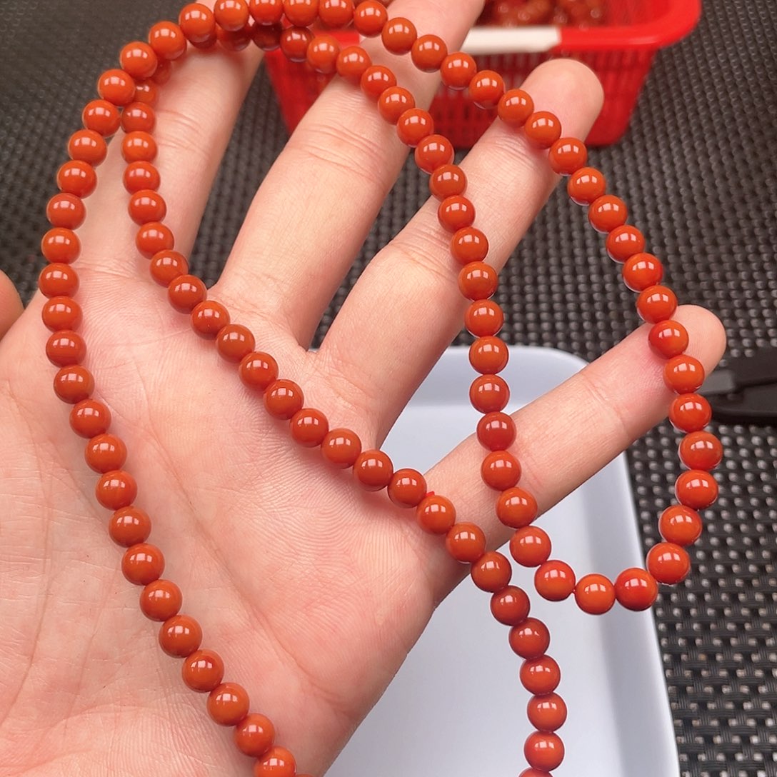 南红玛瑙未镶嵌5号 卡6mm柿子红圆珠108长链